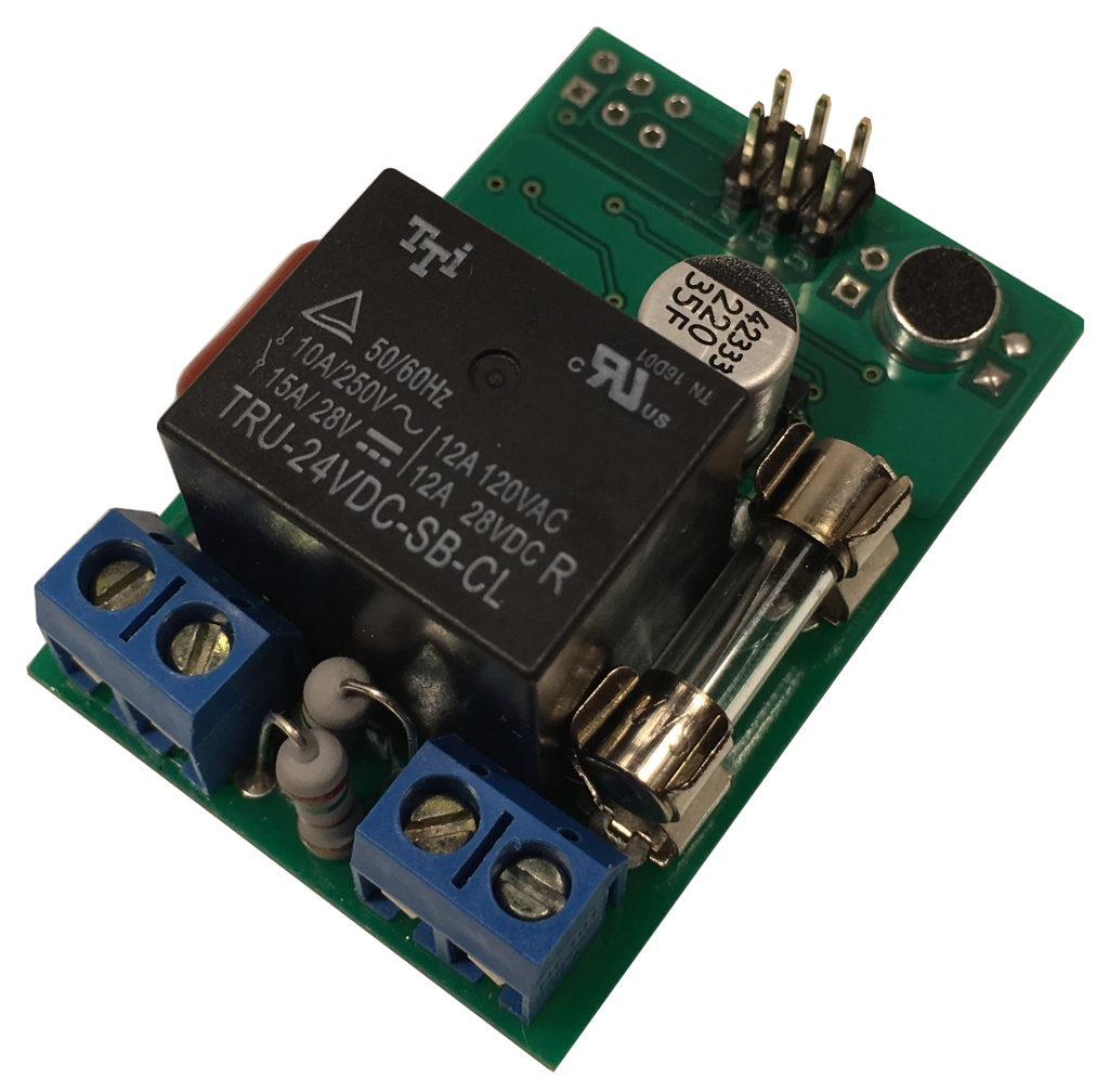 Выключатель света по хлопку CLAPS MAX (хлопковый выключатель). Электронная плата со стороны разъемов для подключения проводов. Вид сверху на выводные компоненты.