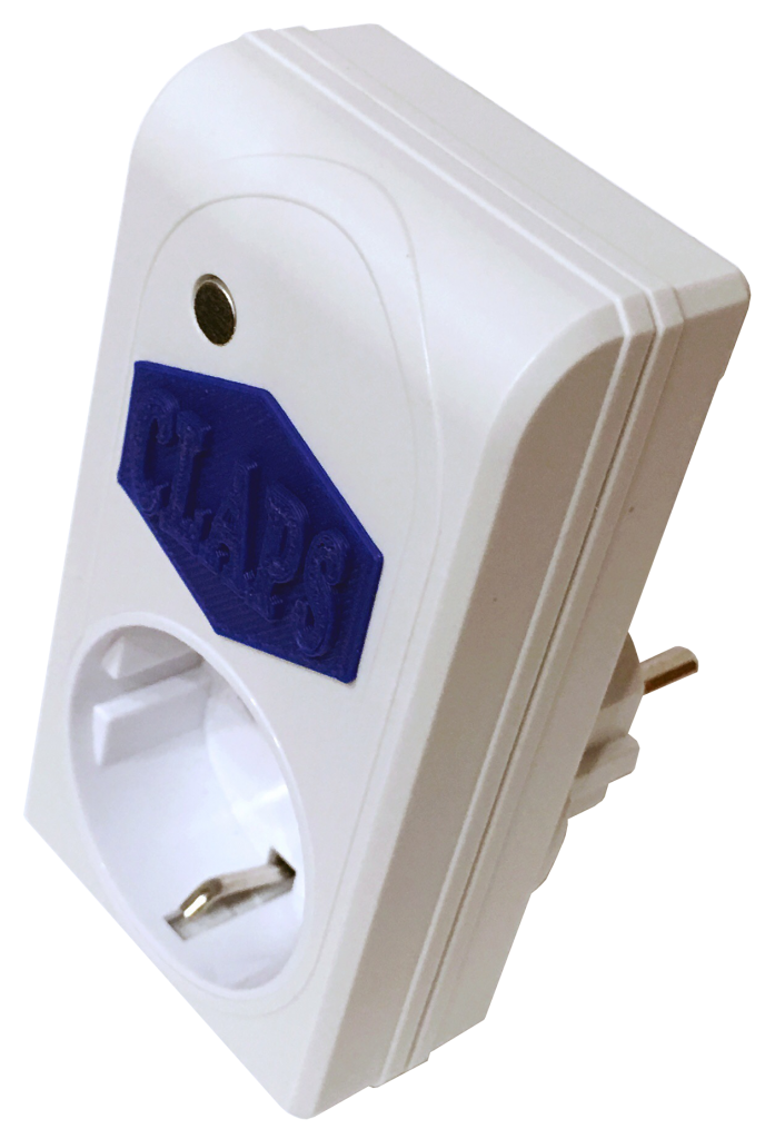 Хлопковый выключатель CLAPS PLUG показан с правой стороны в белом корпусе. Устойчив к посторонним звукам, но легко срабатывает на хлопки, сделанные руками.